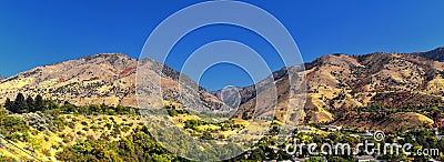 Logan Valley landscape views including Wellsville Mountains, Nibley, Hyrum, Providence and College Ward towns, home of Utah State Stock Photo