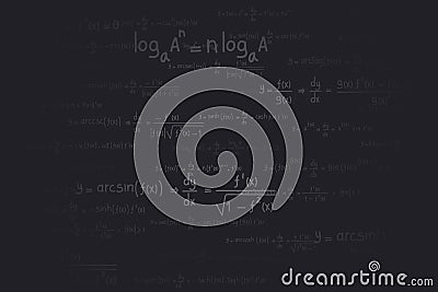 Logarithmic, derivative, trigonometric, logarithmic, hyperbolic and inverse equations and formulas on a black background Vector Illustration