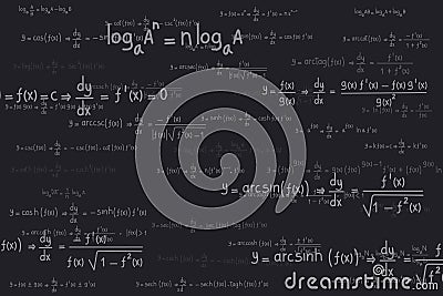 Logarithmic, derivative, trigonometric, logarithmic, hyperbolic and inverse equations and formulas on a black background Vector Illustration