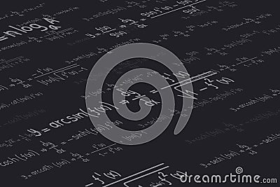 Logarithmic, derivative, trigonometric, logarithmic, hyperbolic and inverse equations and formulas on a black background in Vector Illustration