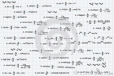 Logarithmic, derivative, trigonometric, logarithmic, hyperbolic and inverse equations and formulas on graph paper background Stock Photo