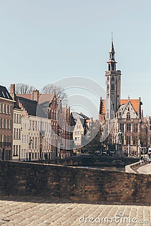 Loge de Bourgeois at End of Canal in Bruges Editorial Stock Photo