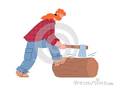 Logger or lumberjack in plaid shirt cuts wood flat vector illustration isolated. Vector Illustration