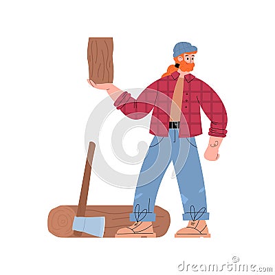 Logger or lumberjack at work cutting wood, flat vector illustration isolated. Cartoon Illustration