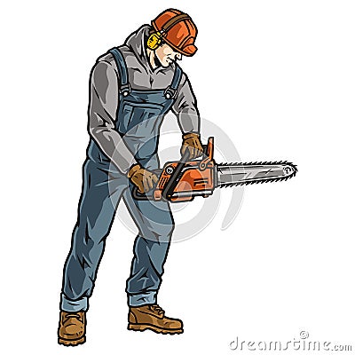 Logger man in hardhat using chainsaw Vector Illustration