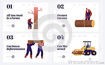 Logger Professional Occupation, Job Website Landing Page Set. Lumberjacks Employees Working in Forest Cutting Vector Illustration