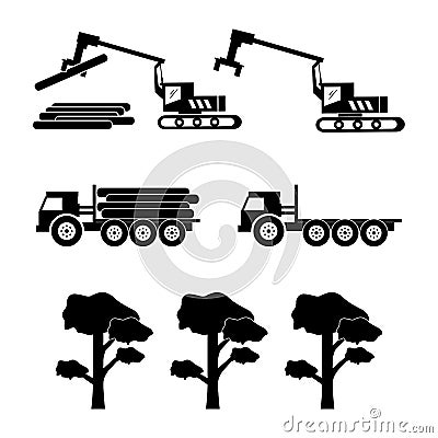 Logging Machine Logger Loader. Icon depicting heavy machinery equipment and trucks used for logging and deforestation. Black and w Vector Illustration