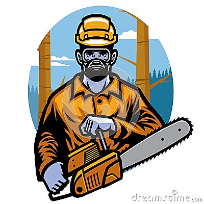 Logging worker holding the chainsaw Vector Illustration