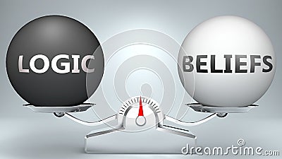Logic and beliefs in balance - pictured as a scale and words Logic, beliefs - to symbolize desired harmony between Logic and Cartoon Illustration