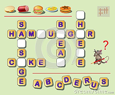 Logic crossword puzzle game for kids to study English words. Find missing letters and draw them in empty squares. Vector Illustration