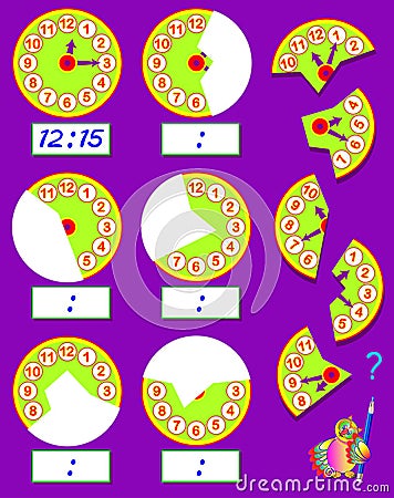 Logic exercise for children. Need to find the second parts of clocks, draw them in relevant places and write correct time. Vector Illustration