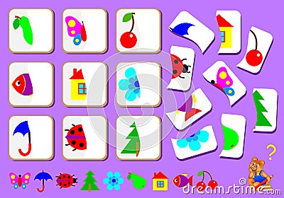 Logic exercise for children. Need to find the second parts of objects and draw them in relevant places. Vector Illustration