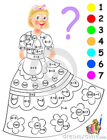 Logic exercise for children. Need to paint image in relevant color. Developing skills Vector Illustration