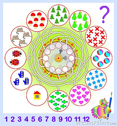 Logic exercise for young children. Need to count the quantity of objects and write the corresponding numbers in circles. Vector Illustration