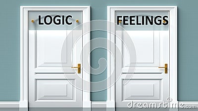 Logic and feelings as a choice - pictured as words Logic, feelings on doors to show that Logic and feelings are opposite options Cartoon Illustration