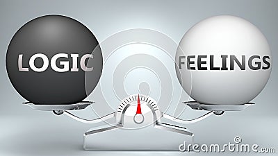 Logic and feelings in balance - pictured as a scale and words Logic, feelings - to symbolize desired harmony between Logic and Cartoon Illustration