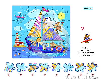 Logic game for children and adults. Find one puzzle piece that have dropped out of picture. Printable page for kids brain teaser Vector Illustration