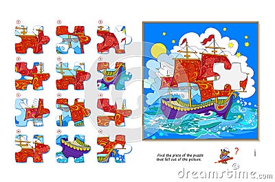 Logic game for children and adults. Find the piece of the puzzle that fell out of the picture. Printable page for kids brain Vector Illustration