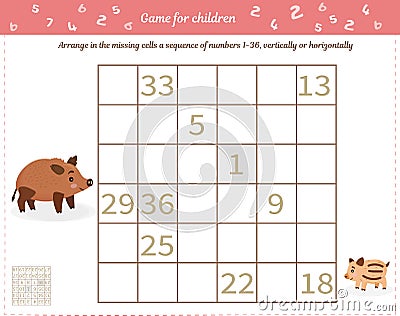 Logic game for children and adults. Place in empty cells horizontally and vertically a sequence of numbers from 1 to 36 Vector Illustration
