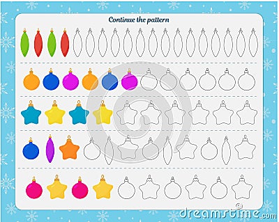 Logic game for children. Continue the pattern of Christmas tree decorations in the sequence presented in the sample Cartoon Illustration