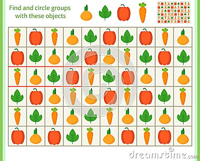 Logic game for children. Divide and circle the groups with the objects shown at the top Vector Illustration