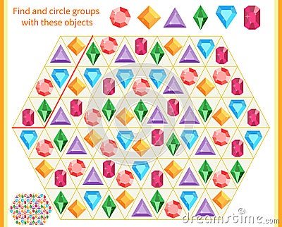 Logic game for children. Divide and circle the groups with the objects shown at the top Vector Illustration