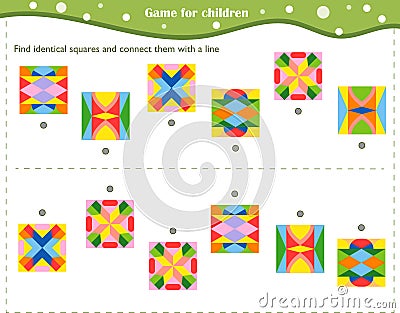 Logic game for children. Find identical squares and connect them with a line Vector Illustration