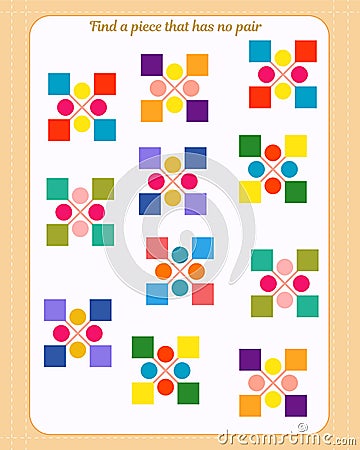 Logic game for children. Find which shape is unpaired. Development of attention Vector Illustration