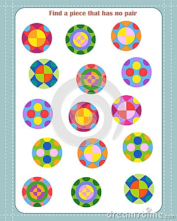 Logic game for children. Find which shape is unpaired. Development of attention Vector Illustration