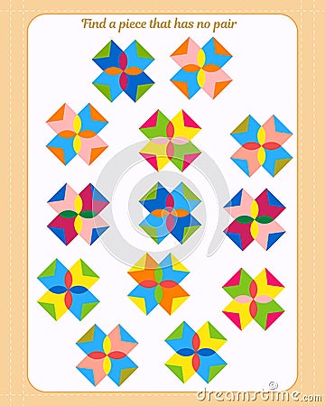Logic game for children. Find which shape is unpaired. Development of attention Vector Illustration