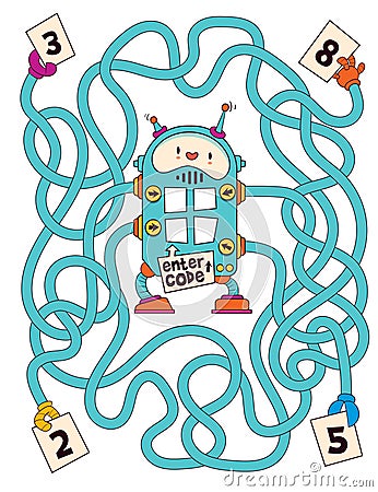 Logic game for kids with cute robot. Maze for children. Educational game for kids Vector Illustration