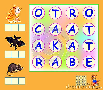 Logic game for learning English. Need to find the words and connect letters by vertical or horizontal lines. Write the words. Vector Illustration