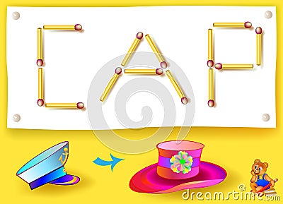 Logic game for learning words of English language. Move four matchsticks to make hat from cap. Vector Illustration