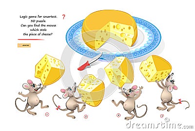 Logic game for smartest. 3D puzzle. Can you find the mouse which stole the piece of cheese? Play online. Developing spatial Vector Illustration