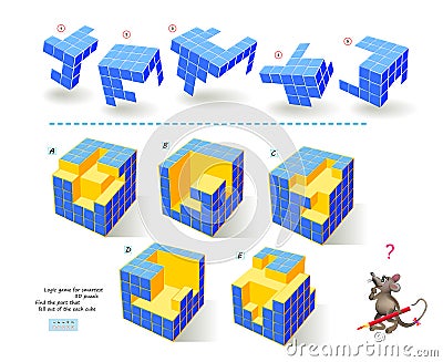 Logic game for smartest. Find the part that fell out of the each cube. Printable page for brain teaser book. 3D puzzle. Brain Vector Illustration