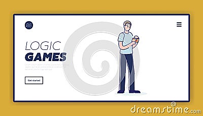 Logic games landing page design with man solving logical rubik cube puzzle Vector Illustration