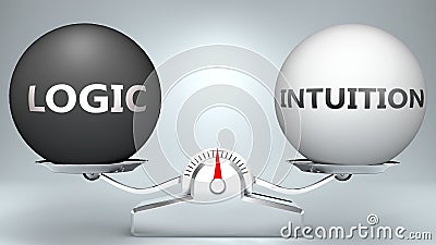 Logic and intuition in balance - pictured as a scale and words Logic, intuition - to symbolize desired harmony between Logic and Cartoon Illustration