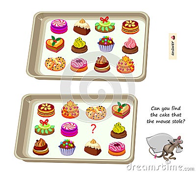 Logic puzzle for children and adults. Can you find the cake that the mouse stole? Educational game. Page for kids brain teaser Vector Illustration