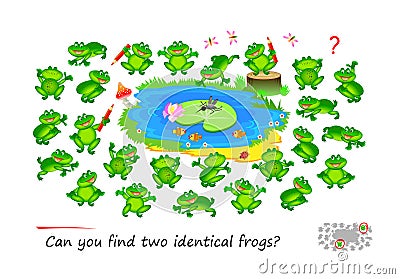 Logic puzzle for children and adults. Can you find two identical frogs? Page for kids brain teaser book. Task for attentiveness. Vector Illustration
