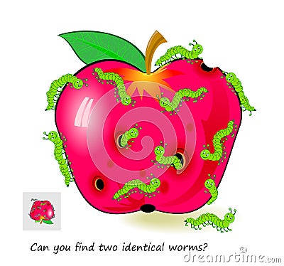 Logic puzzle for children and adults. Can you find two identical worms? Page for kids brain teaser book. Task for attentiveness. Vector Illustration