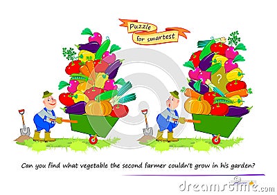 Logic puzzle for children and adults. Can you find what vegetable the second farmer could not grow in his garden? Educational game Vector Illustration