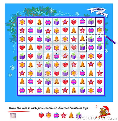 Logic puzzle for children and adults. Draw the lines so each piece contains 6 different Christmas toys. Educational game. Page for Vector Illustration