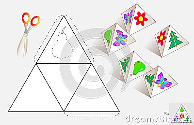 Logic puzzle. Draw the relevant images on the pattern, color and make by pyramid (as shown on the samples). Vector Illustration