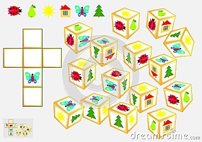 Logic puzzle. Find four identical cubes. Draw their pattern. Vector Illustration