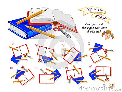 Logic puzzle game for children and adults. Can you find the right top view of objects? 3D maze. Page for brain teaser book. Vector Illustration