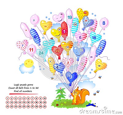 Logic puzzle game for children and adults. Count all balloons from 1 to 30. Find all numbers. Page for kids brain teaser book. Vector Illustration