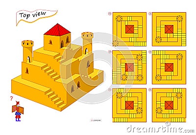 Logic puzzle game for children and adults. 3D maze. Need to find correct top view of tower. Printable page for brain teaser book. Vector Illustration