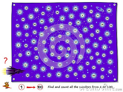 Logic puzzle game for children and adults. Find and count all the numbers from 1 to 100. Task for attentiveness. Vector Illustration