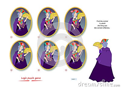 Logic puzzle game for children and adults. Find the mirror in which the fairy sees the correct reflection. Page for brain teaser Vector Illustration