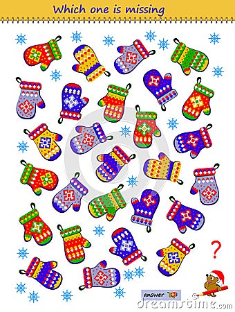 Logic puzzle game for children and adults. Find the pair for each mitten. Which is the only one? Printable page for kids brain Vector Illustration